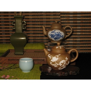 Well-carved, Glossy-faced Blue-flower Tea Pot and well-carved Lily Tea Pot series of Golden Clay